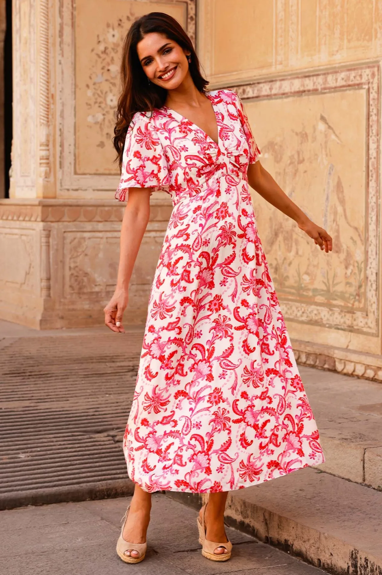 Anais Hammered Satin Dress | Cream/Red/Pink