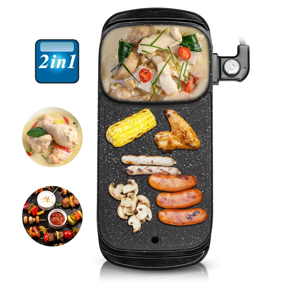Barbecue Électrique et Marmite 2 en 1,poêle plate, sans fumée,1500W 
