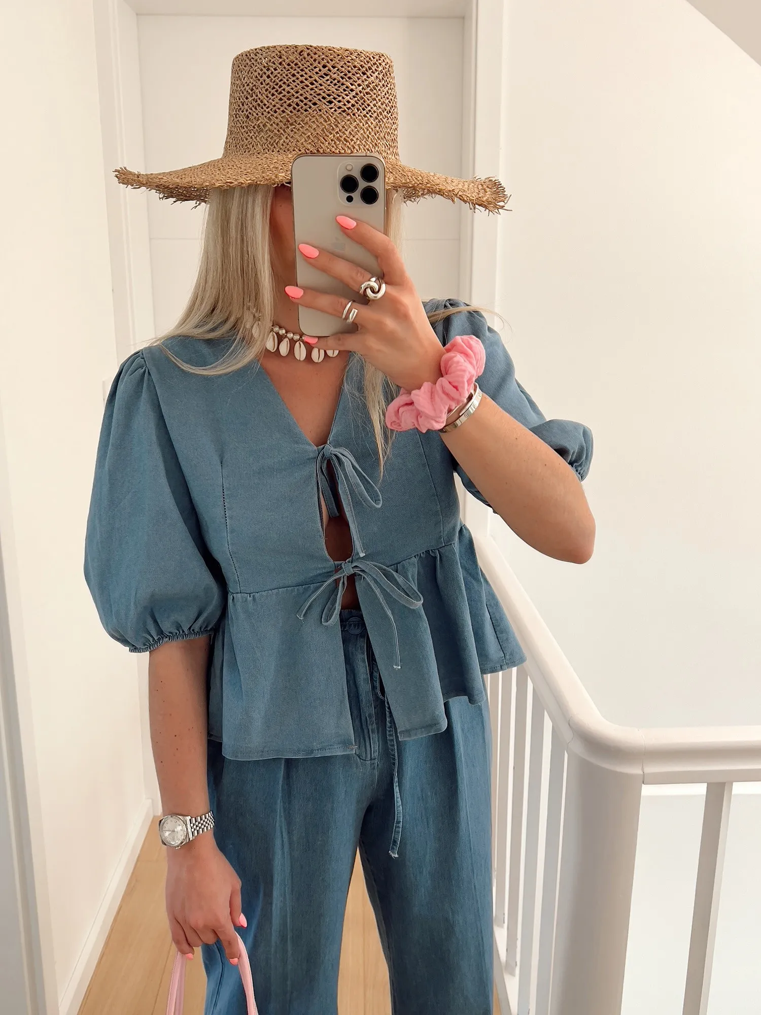 Blouse ODIE À noeuds manches courtes en jeans bleu