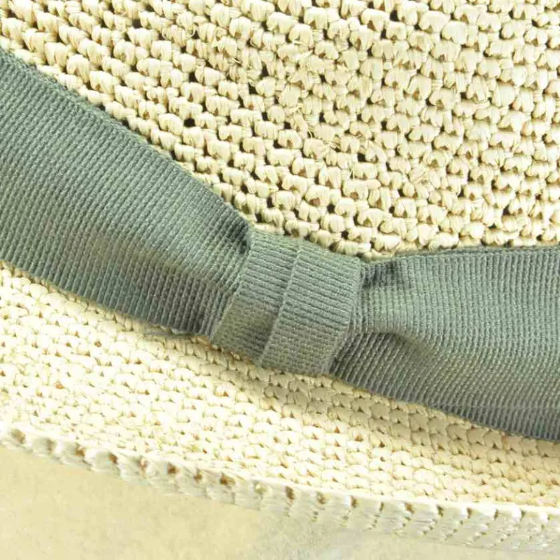 Chapeau fedora raphia fino crochet avec ruban kaki | Femme et homme