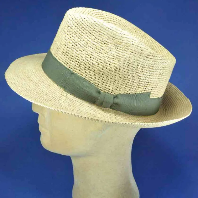 Chapeau fedora raphia fino crochet avec ruban kaki | Femme et homme