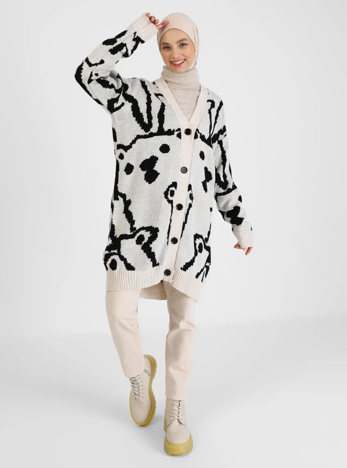 Jacquard Sweater Cardigan Open Stone