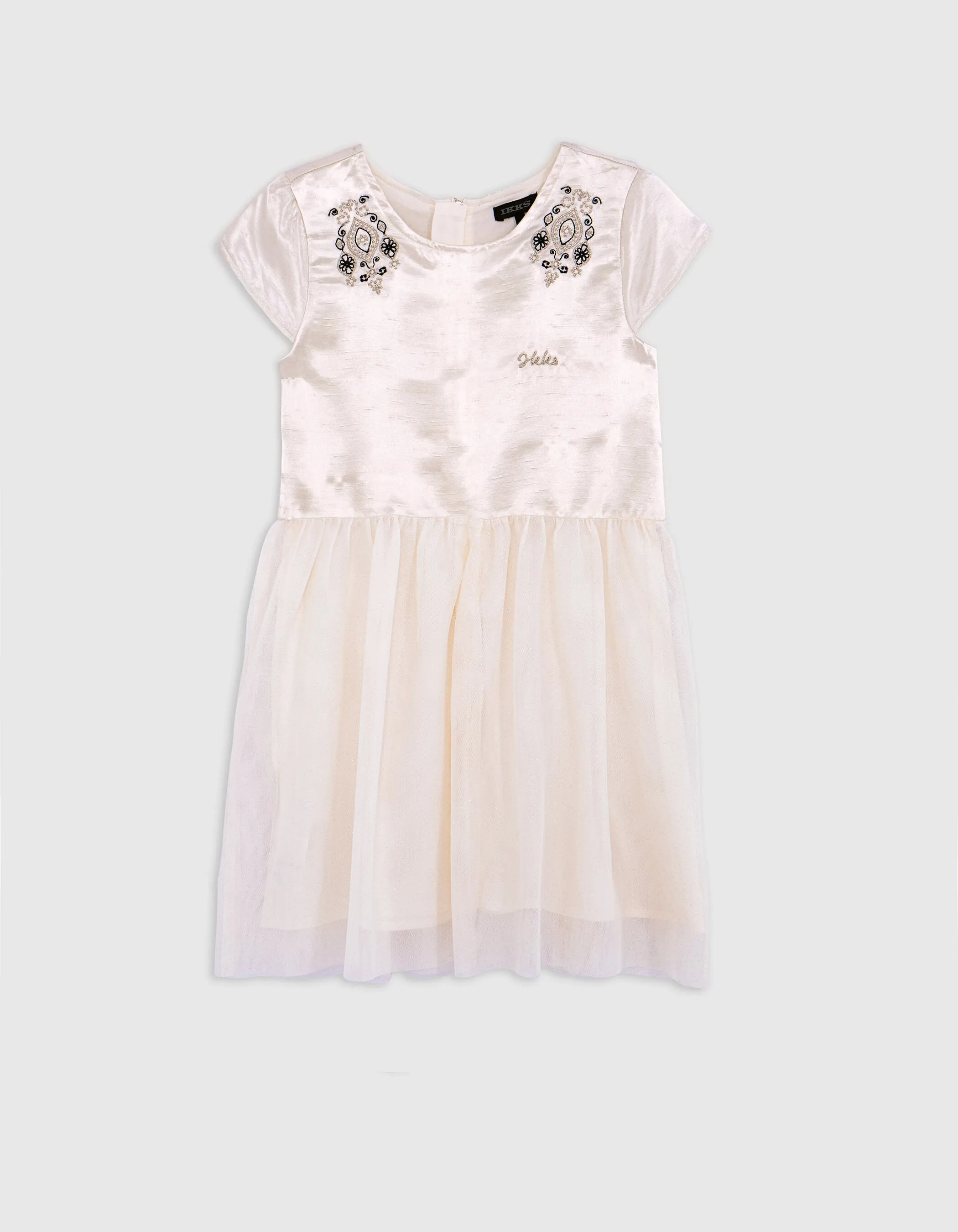 Robe écrue satinée et brodée bi-matière fille