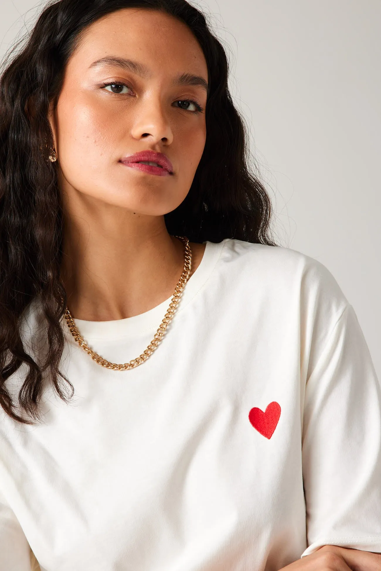 T-shirt cœur brodé Femme - Ecru