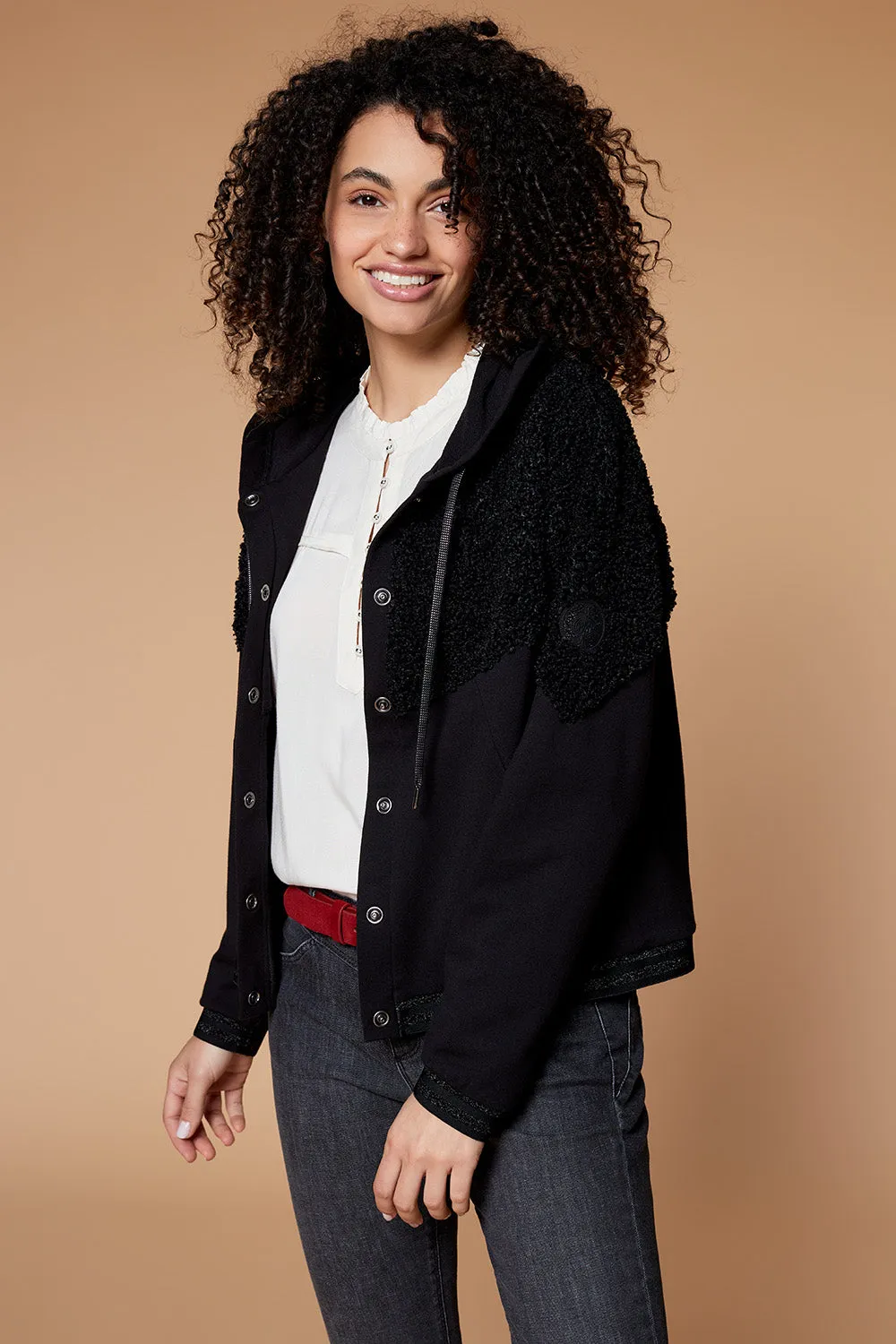 TELKA - Cardigan noir bi matière avec fourrure synthétique